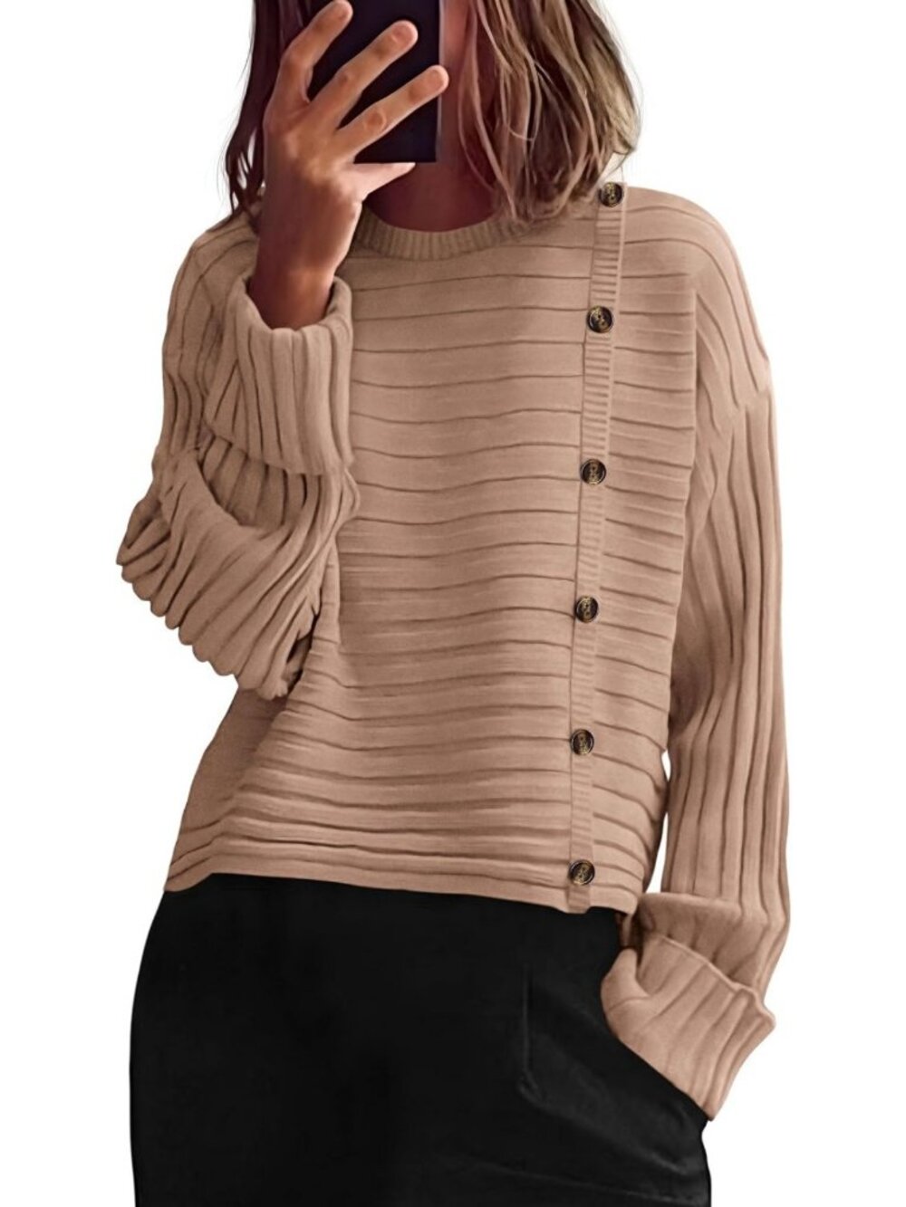 Chic Asymmetric Button Long Sleeve Sweater for Women - Cozy & Stylish Knit Top